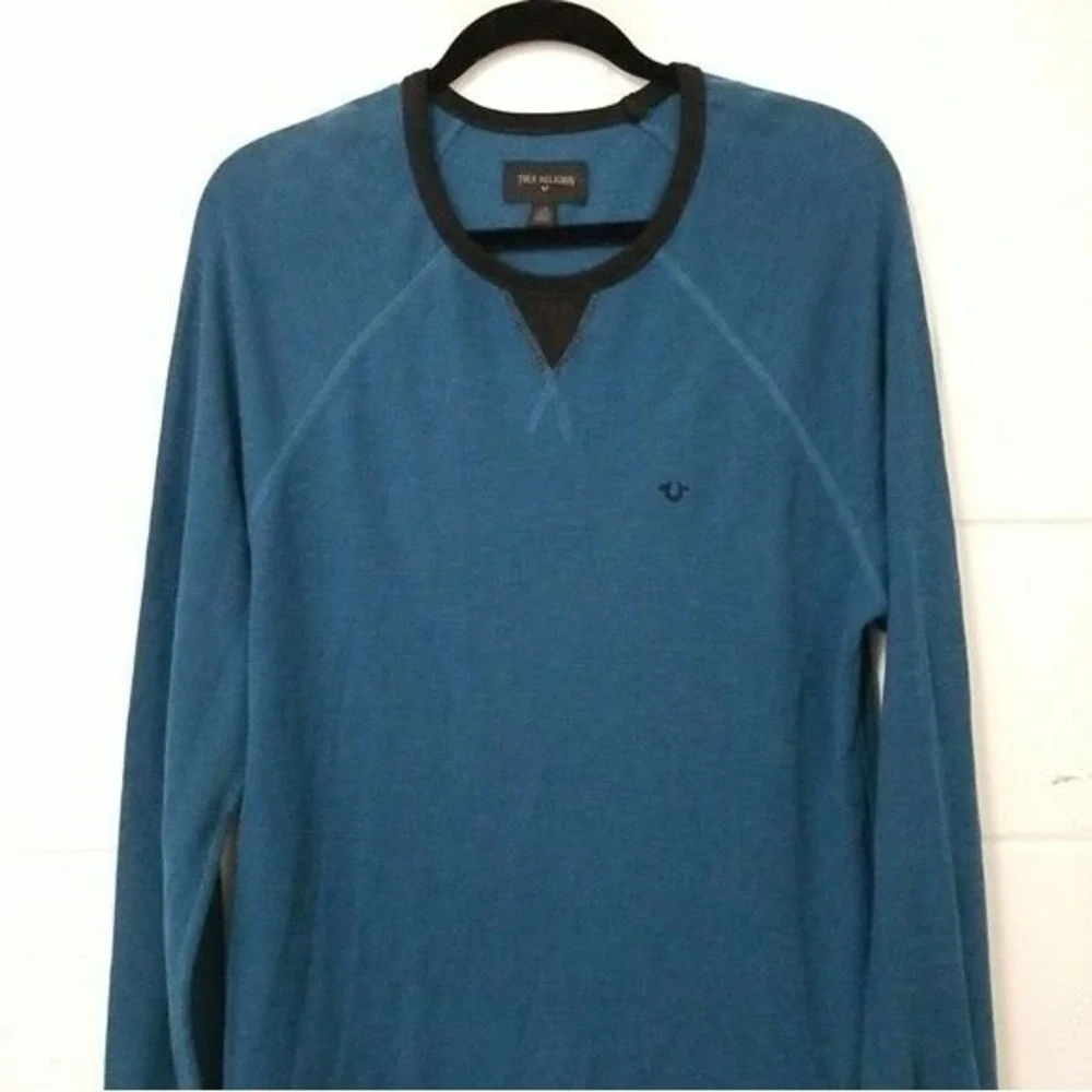 TRUE RELIGION Logo Waffle Knit Raglan Crew‎ Shirt Long Sleeve Mens L Aqua Blue